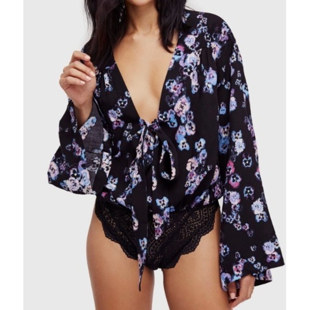 Intimately Free People Forties Feels Floral Bodysuit Black Blue Tie Front S